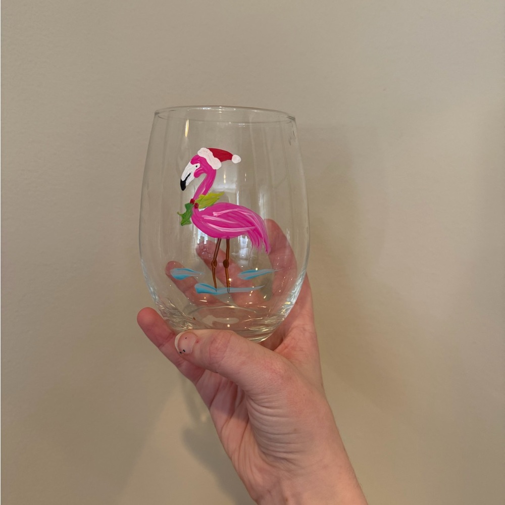 Hand-Painted Flamingo Stemless Wine Glass - Pink